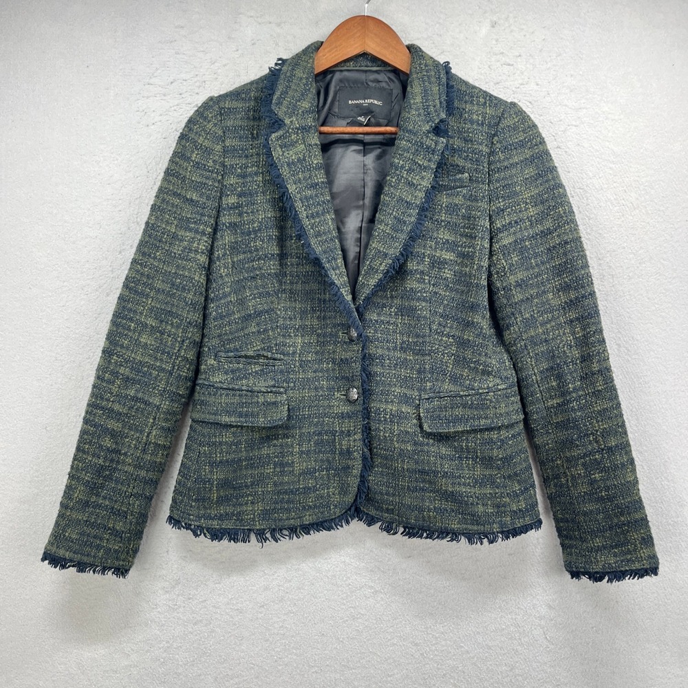 Banana Republic Blazer Womens 6 Green Tweed Fringed Trim Two Button Professional